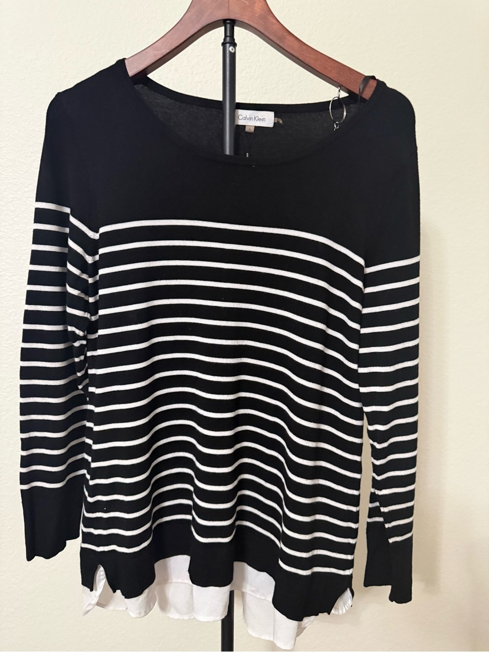 Calvin Klein Black and White Striped Long Sleeve Sweater with Shirt Bottom